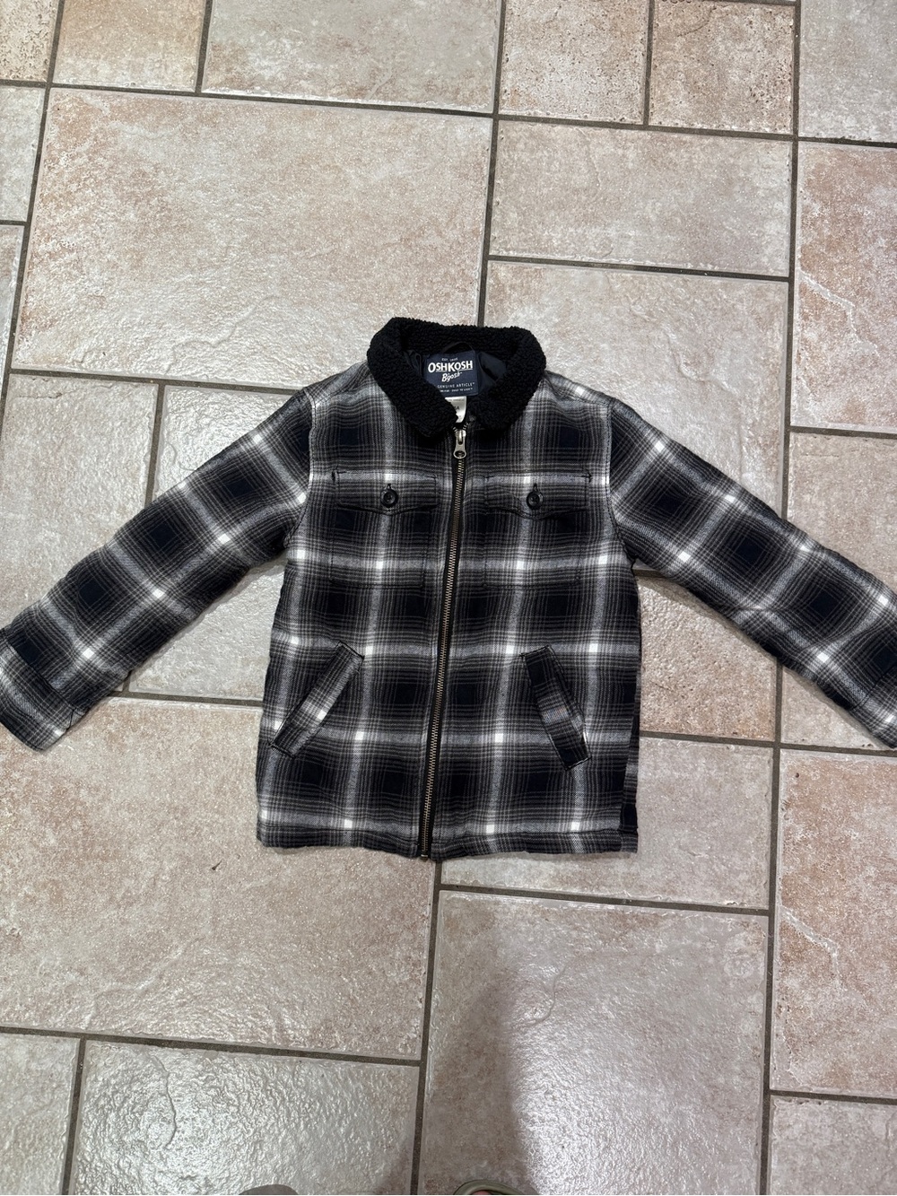 OshKosh B'gosh Black & Gray Plaid Sherpa Collar Pea Coat